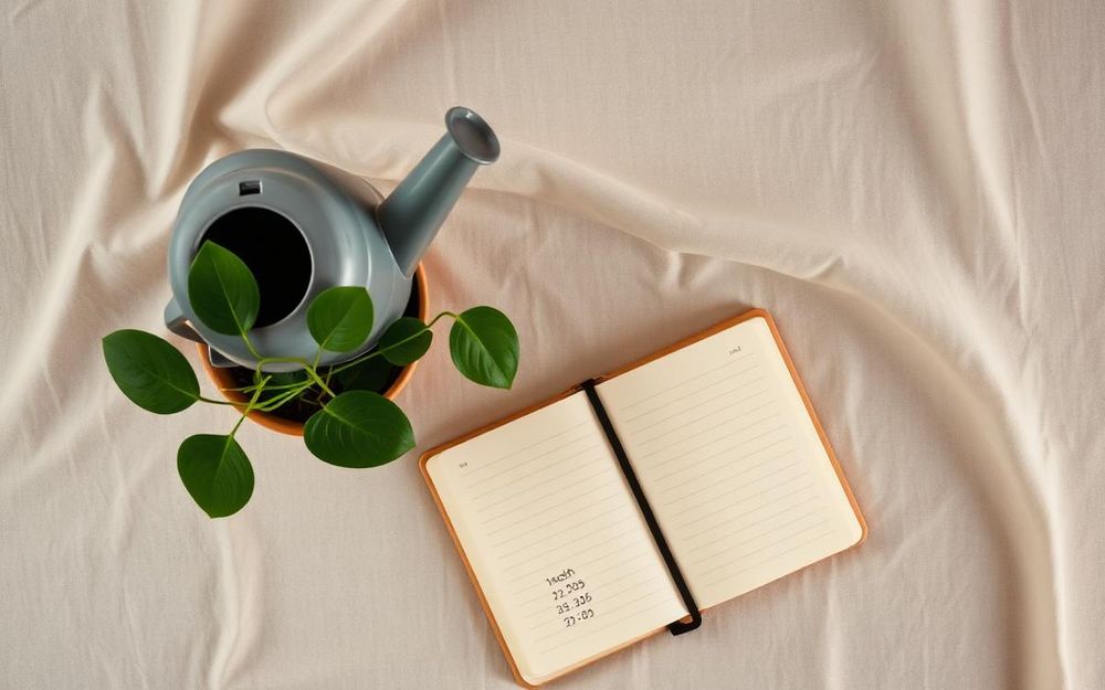 Watering can, notebook with dated watering entries, and a healthy pothos seen from above