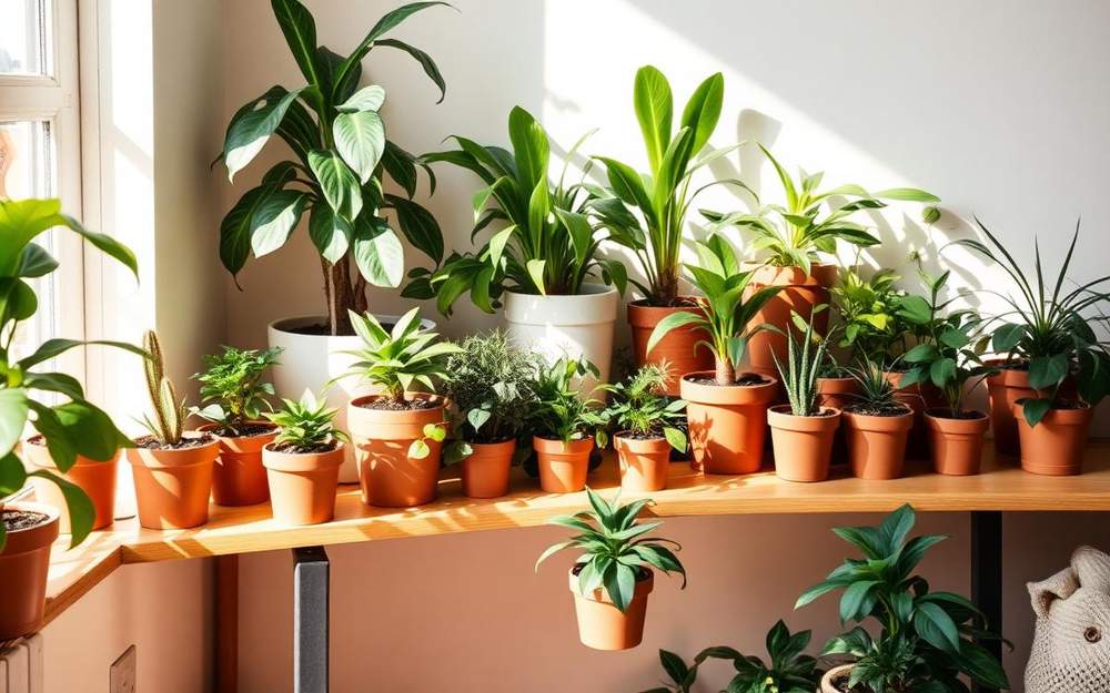 Wooden shelf full of thriving houseplants in terracotta pots in a bright living room