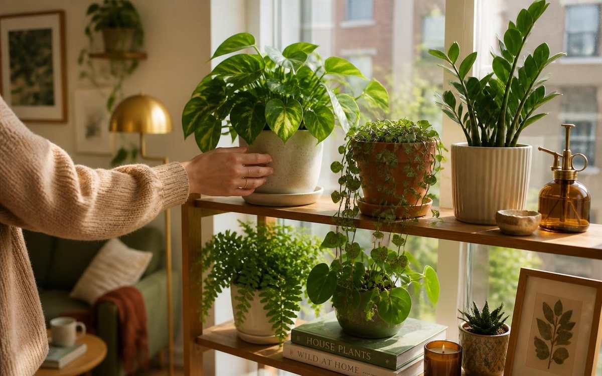 Shelf of healthy plants near a bright window