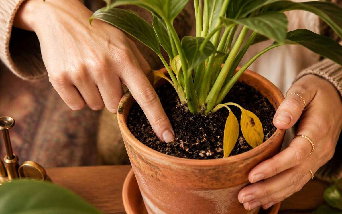 Checking soil moisture with a finger in a terracotta pot